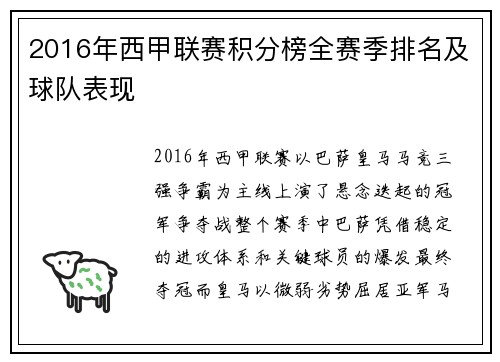 2016年西甲联赛积分榜全赛季排名及球队表现