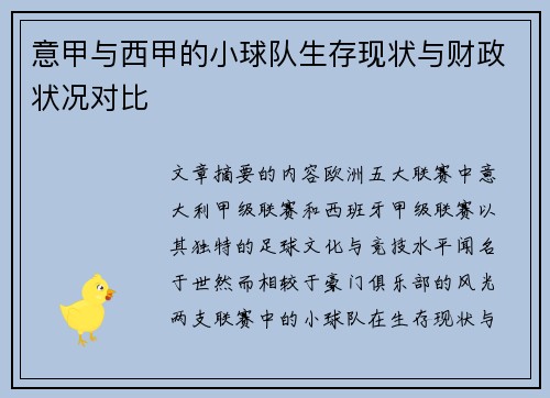 意甲与西甲的小球队生存现状与财政状况对比