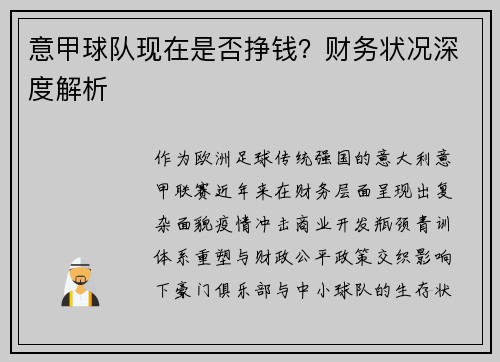 意甲球队现在是否挣钱？财务状况深度解析