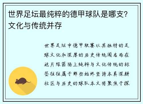 世界足坛最纯粹的德甲球队是哪支？文化与传统并存